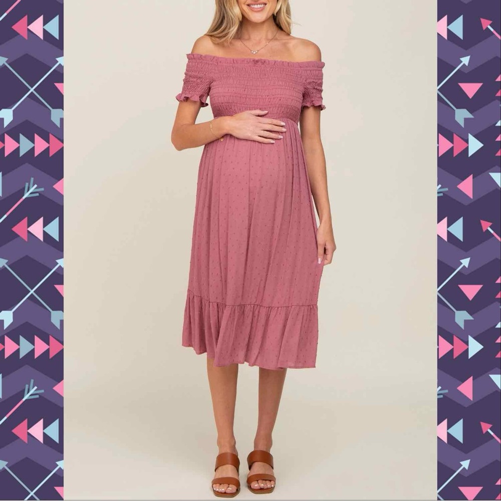Mauve Off Shoulder Smocked Maternity Midi Dress